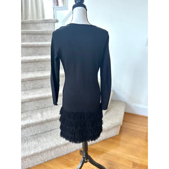 Calvin Klein Black Knit Fringe Trim long Sleeve Scoop Neck Sheath Dress - Picture 4 of 7
